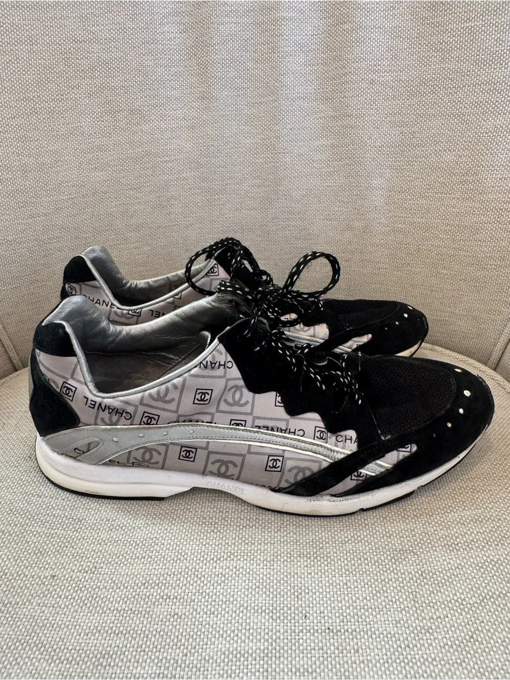 CHANEL Black & Silver Logo-Print Sneakers. Sz 39/9. Comes with dustbag